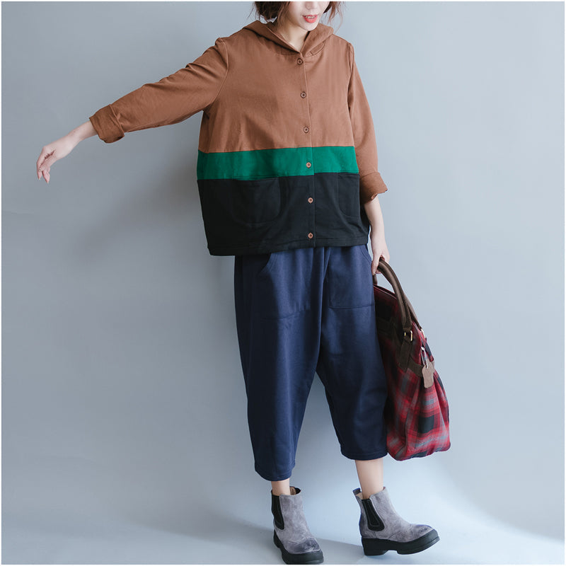 Autumn Patchwork Chocolate Cotton Coat Loose Chunky Cardigans Outwear