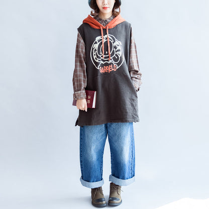 Autumn Gray Cotton Vests Patchwork Yellow Hooded Cartoon Print Pullover