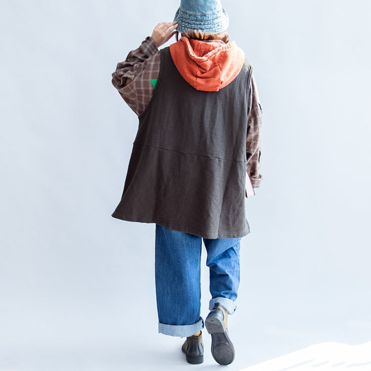 Autumn Gray Cotton Vests Patchwork Yellow Hooded Cartoon Print Pullover