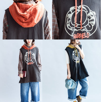 Autumn Gray Cotton Vests Patchwork Yellow Hooded Cartoon Print Pullover