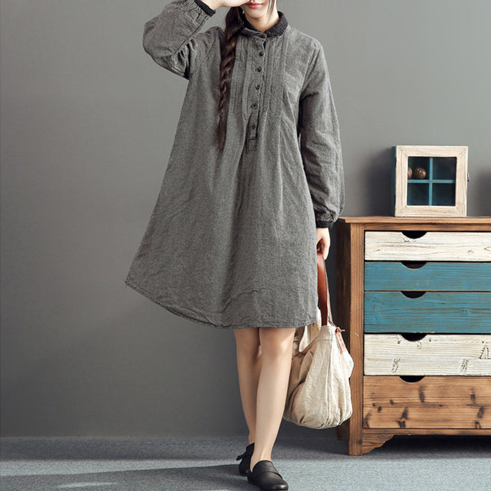 Autumn Gray Grid Cotton Dresses Long Sleeve Lapel Thick Dress