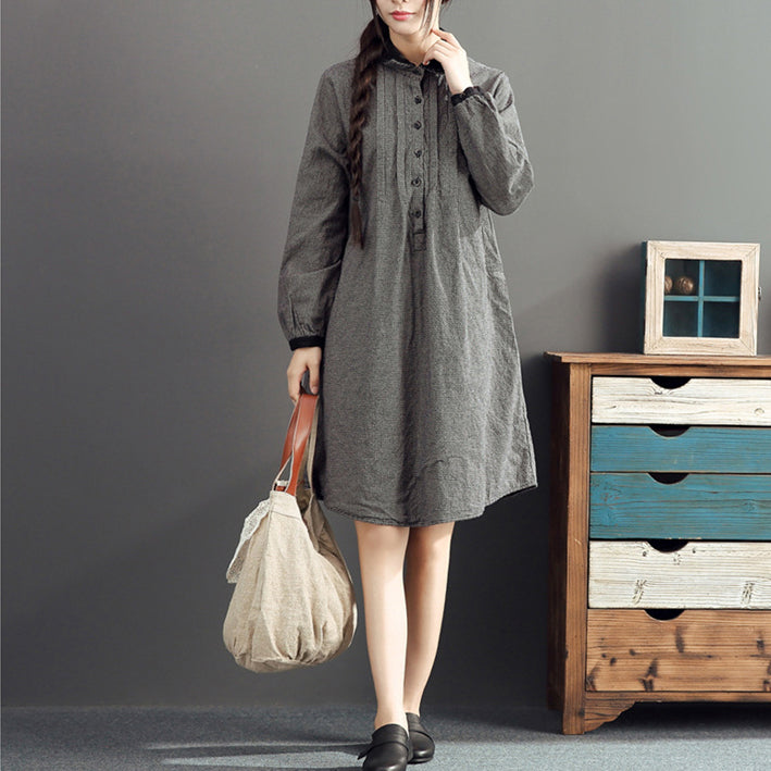 Autumn Gray Grid Cotton Dresses Long Sleeve Lapel Thick Dress
