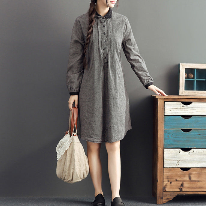 Autumn Gray Grid Cotton Dresses Long Sleeve Lapel Thick Dress