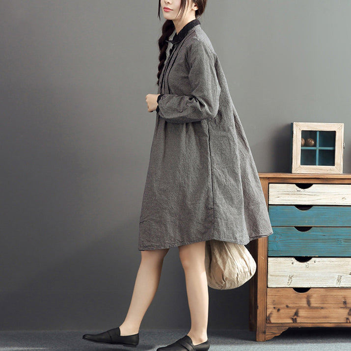 Autumn Gray Grid Cotton Dresses Long Sleeve Lapel Thick Dress