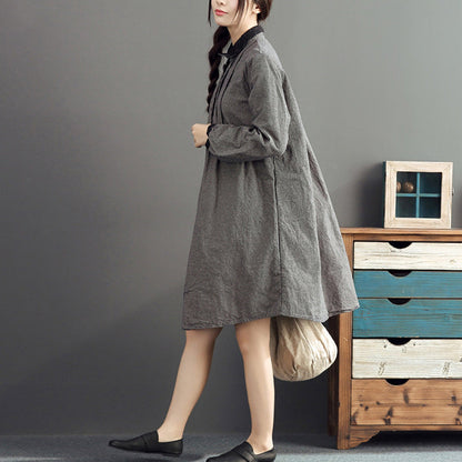 Autumn Gray Grid Cotton Dresses Long Sleeve Lapel Thick Dress