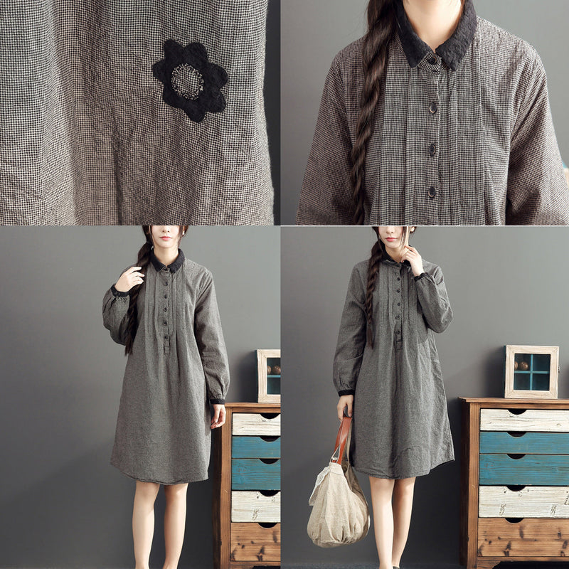 Autumn Gray Grid Cotton Dresses Long Sleeve Lapel Thick Dress