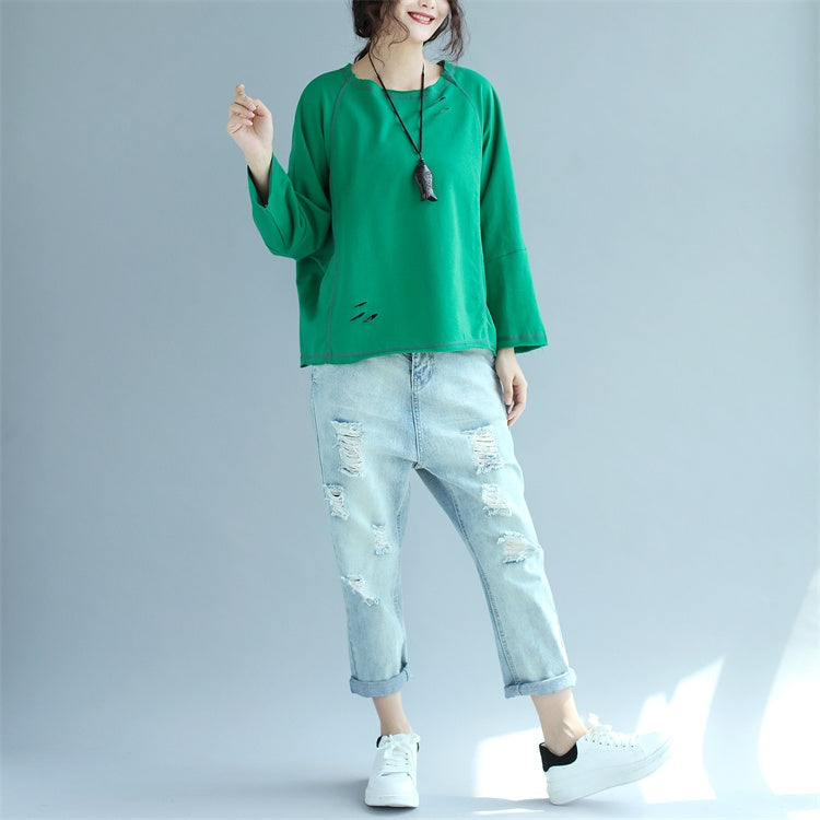 Autumn Green Cotton Pullover Loose Batwing Sleeve Tops