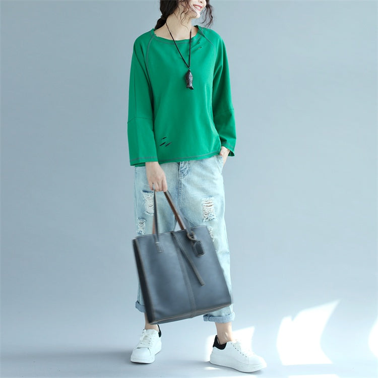 Autumn Green Cotton Pullover Loose Batwing Sleeve Tops