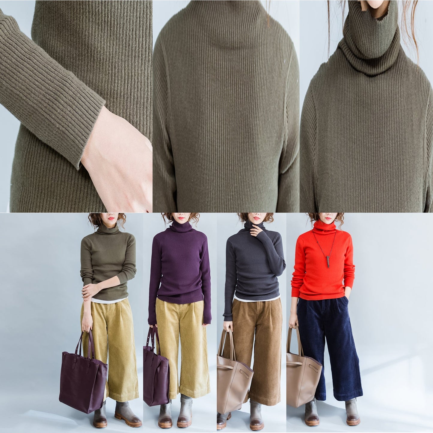 Autumn Green Fit Sweater High Neck Knit Tops