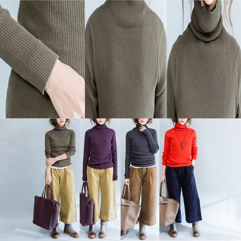 Autumn Green Fit Sweater High Neck Knit Tops