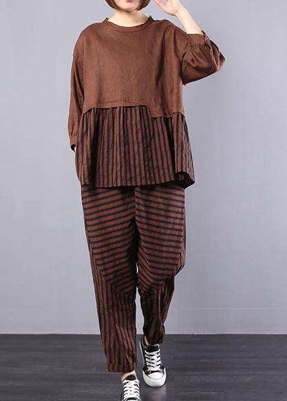 Autumn Khaki Patchwork Striped Tops With Elastic Waist Pants Two Pieces