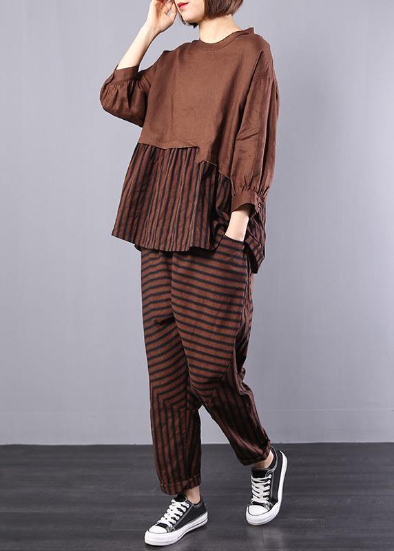 autumn khaki patchwork striped tops with elastic waist pants two pieces