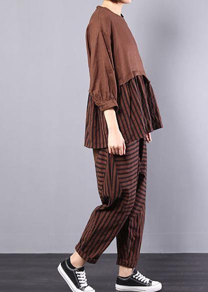 Autumn Khaki Patchwork Striped Tops With Elastic Waist Pants Two Pieces
