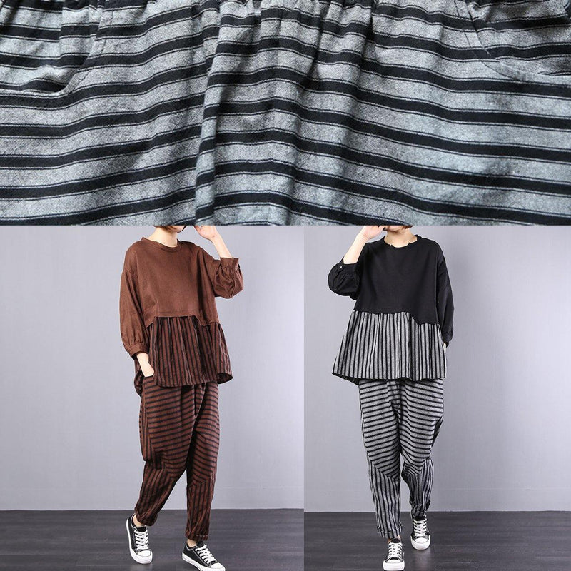 Autumn Khaki Patchwork Striped Tops With Elastic Waist Pants Two Pieces