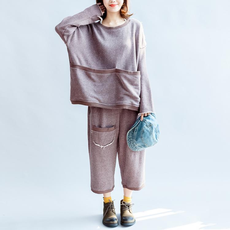 Autumn Light Purple Cotton Knit Tops and Knit Crop Pants Pockets Sport Suit