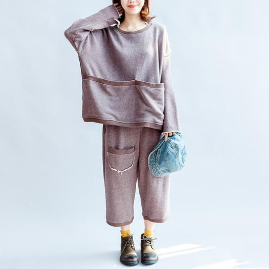 Autumn Light Purple Cotton Knit Tops and Knit Crop Pants Pockets Sport Suit