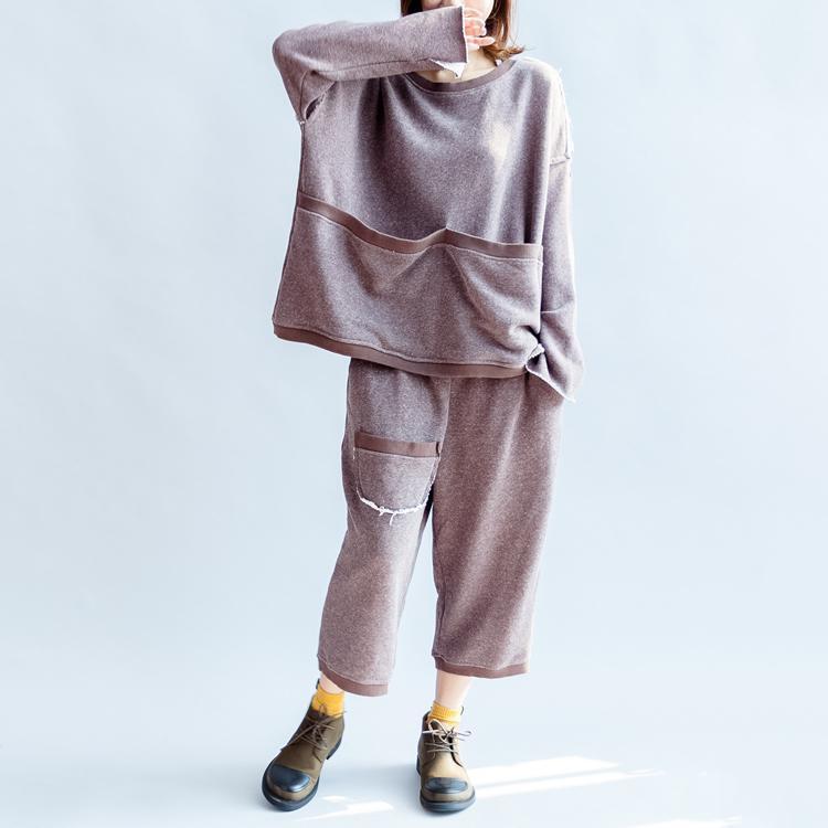 Autumn Light Purple Cotton Knit Tops and Knit Crop Pants Pockets Sport Suit