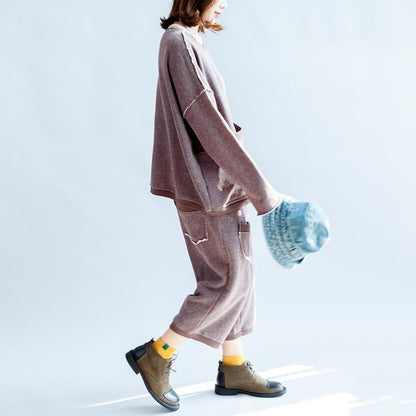 Autumn Light Purple Cotton Knit Tops and Knit Crop Pants Pockets Sport Suit