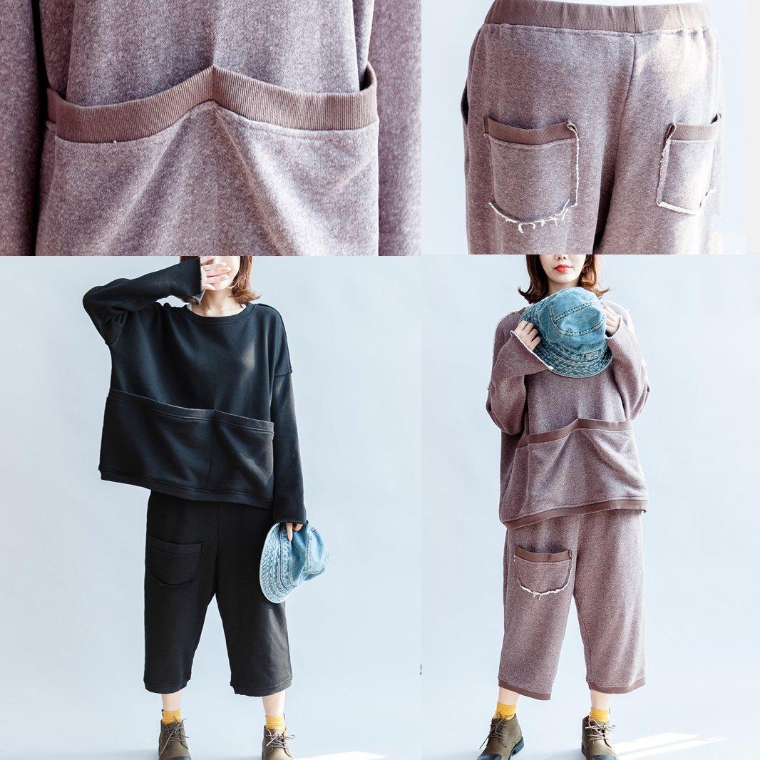 Autumn Light Purple Cotton Knit Tops and Knit Crop Pants Pockets Sport Suit