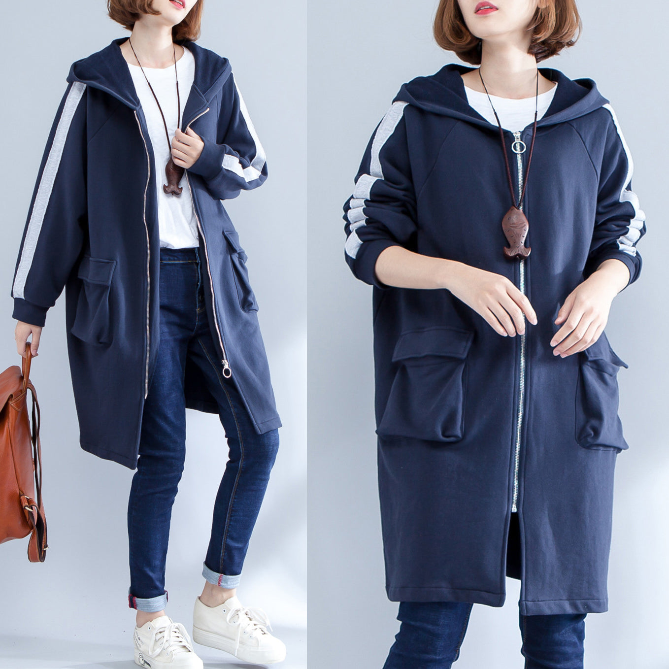 Autumn Navy Sport Coat Cotton Fit Zippered Outwear