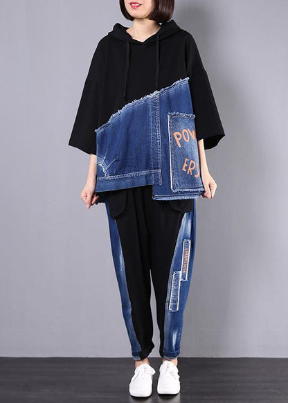 autumn new black patchwork blue hooded tops and casual big pockets trousers