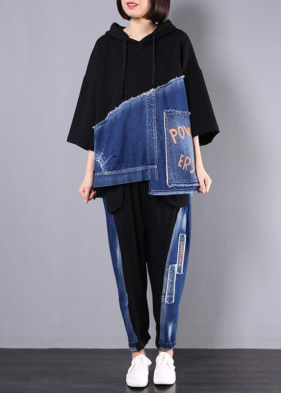 Autumn New Black Patchwork Blue Hooded Tops and Big Pockets Trousers