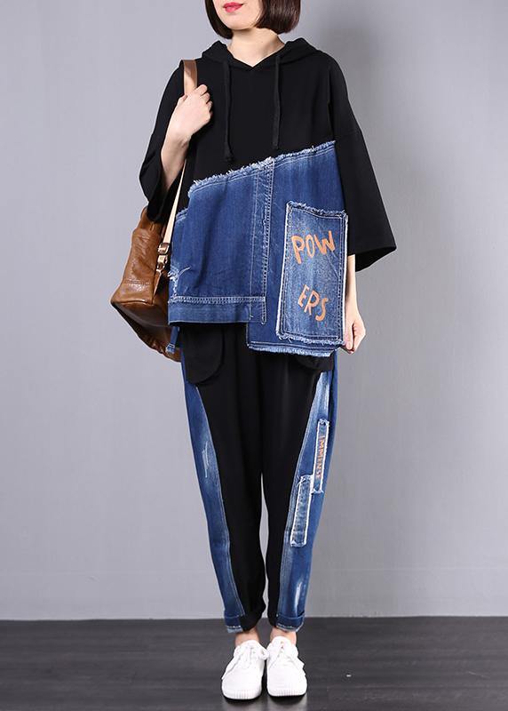 autumn new black patchwork blue hooded tops and casual big pockets trousers
