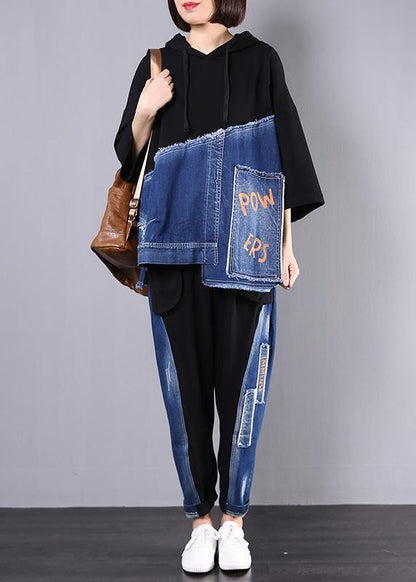 Autumn New Black Patchwork Blue Hooded Tops and Big Pockets Trousers