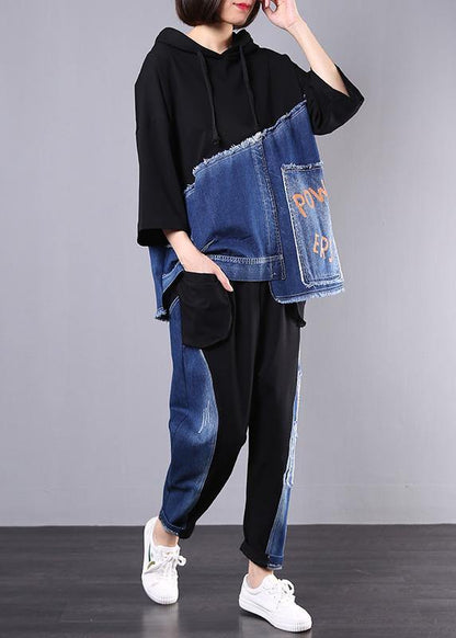 Autumn New Black Patchwork Blue Hooded Tops and Big Pockets Trousers