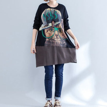 Autumn New Black Patchwork Cotton Prints Dresses O Neck Mid Dress