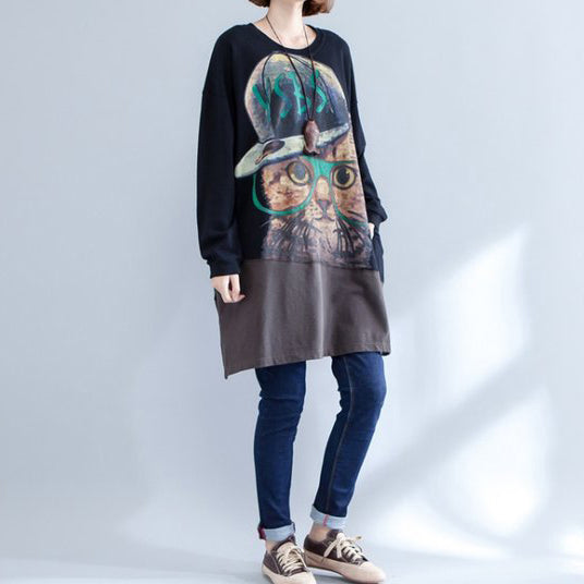 Autumn New Black Patchwork Cotton Prints Dresses O Neck Mid Dress