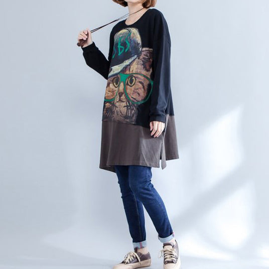 Autumn New Black Patchwork Cotton Prints Dresses O Neck Mid Dress