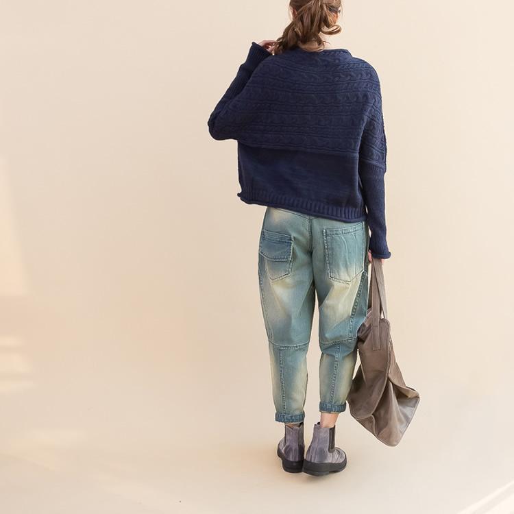 Autumn New Dark Blue Cotton Sweater Batwing Sleeve Woolen Knit Tops