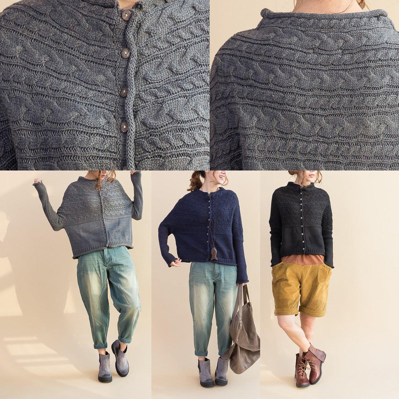Autumn New Dark Blue Cotton Sweater Batwing Sleeve Woolen Knit Tops