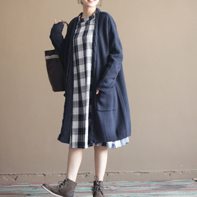 Autumn New Dark Blue Cotton Sweater Cardigans Long Sleeve Knit Coat