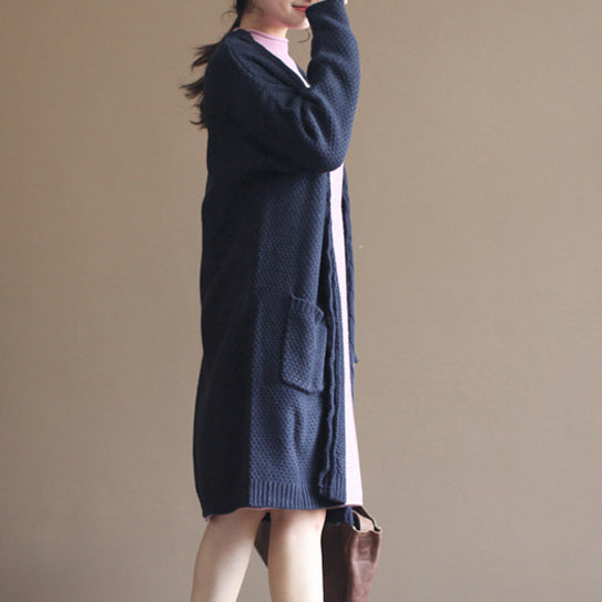 Autumn New Dark Blue Cotton Sweater Cardigans Long Sleeve Knit Coat