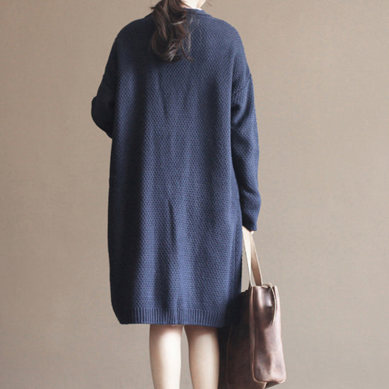 Autumn New Dark Blue Cotton Sweater Cardigans Long Sleeve Knit Coat