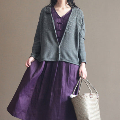 Autumn New Dark Gray V Neck Cotton Blended Knit Cardigans Chunky Cable Sweater Coat