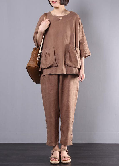 autumn new dark khaki big pockets tops and women casual trousers