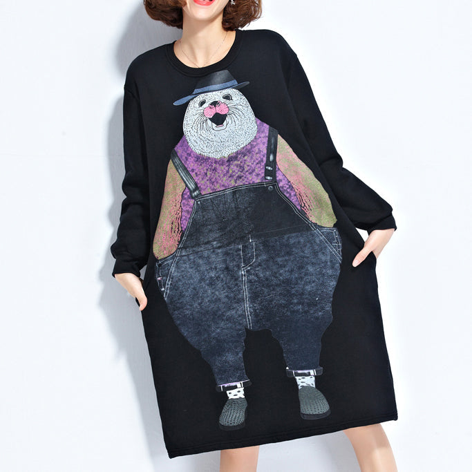 Autumn New Navy Cartoon Print Cotton Dresses Baggy Loose Dress