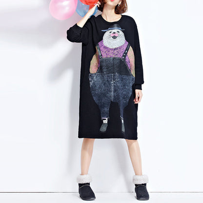 Autumn New Navy Cartoon Print Cotton Dresses Baggy Loose Dress