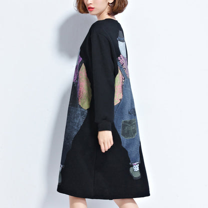 Autumn New Navy Cartoon Print Cotton Dresses Baggy Loose Dress