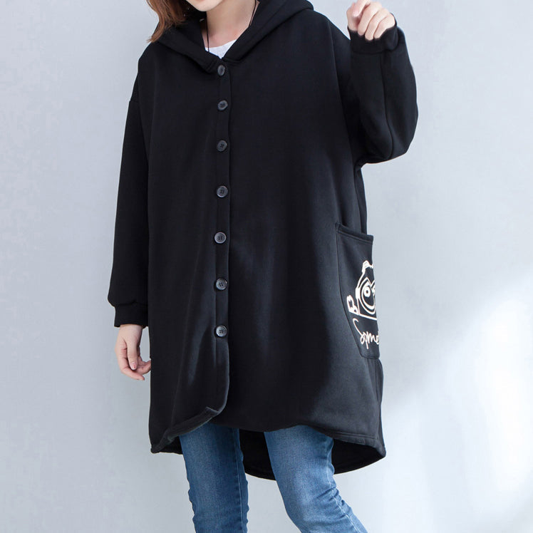 Autumn New Prints Black Coats Oversize Hooded Back Side Open Cardigans Clothes