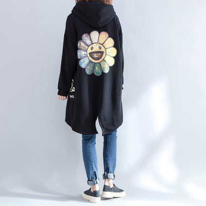 Autumn New Prints Black Coats Oversize Hooded Back Side Open Cardigans Clothes