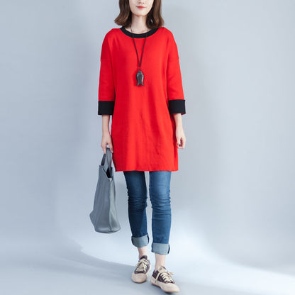 Autumn New Red Cotton Knit Tops O Neck Pullover