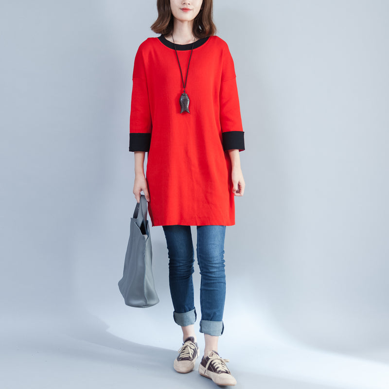 Autumn New Red Cotton Knit Tops O Neck Pullover