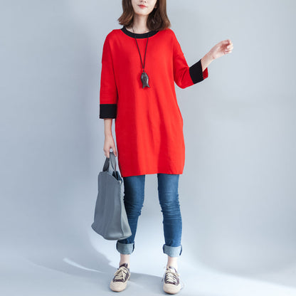 Autumn New Red Cotton Knit Tops O Neck Pullover
