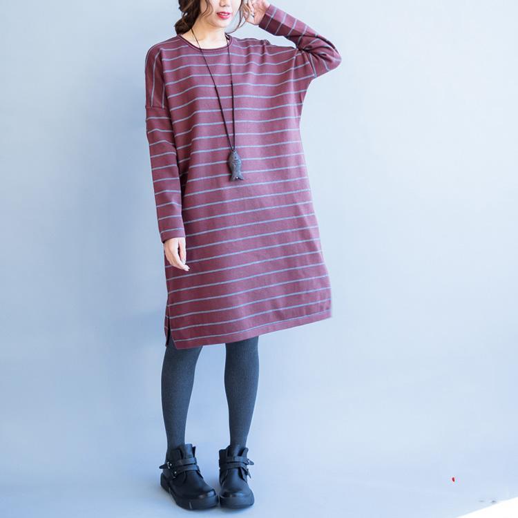 Autumn New Red Striped Woolen Blended Sweater Dresses Loose O Neck Knit Sweater Dress