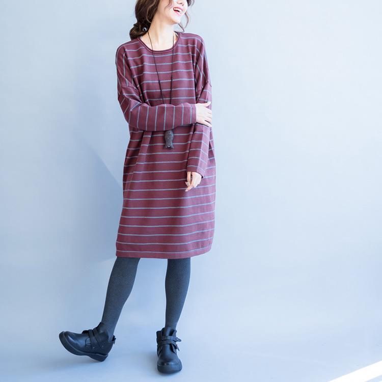 Autumn New Red Striped Woolen Blended Sweater Dresses Loose O Neck Knit Sweater Dress