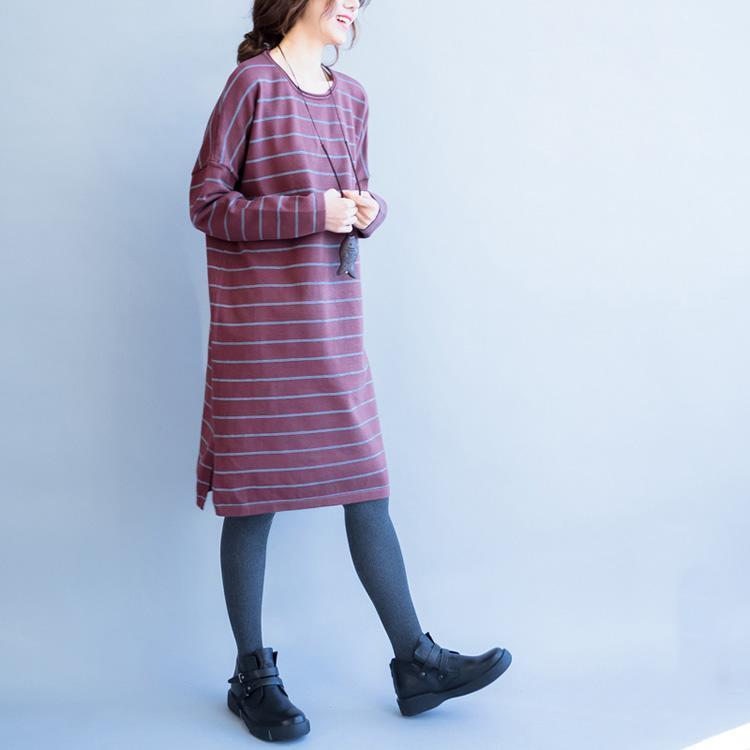Autumn New Red Striped Woolen Blended Sweater Dresses Loose O Neck Knit Sweater Dress